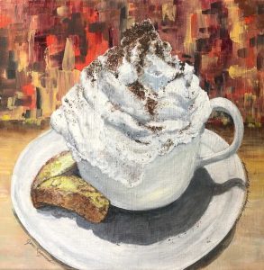 painting of coffee with whipped topping and biscotti