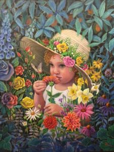 painting of small girl with hat surrounded by flowers