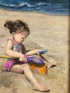 painting of young girl at beach playing in sand