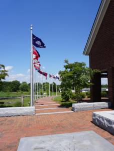 line of flags with brick path