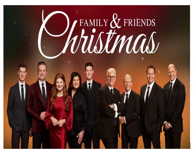 Group of men in suits and women in dresses with text Family & Friends Christmas