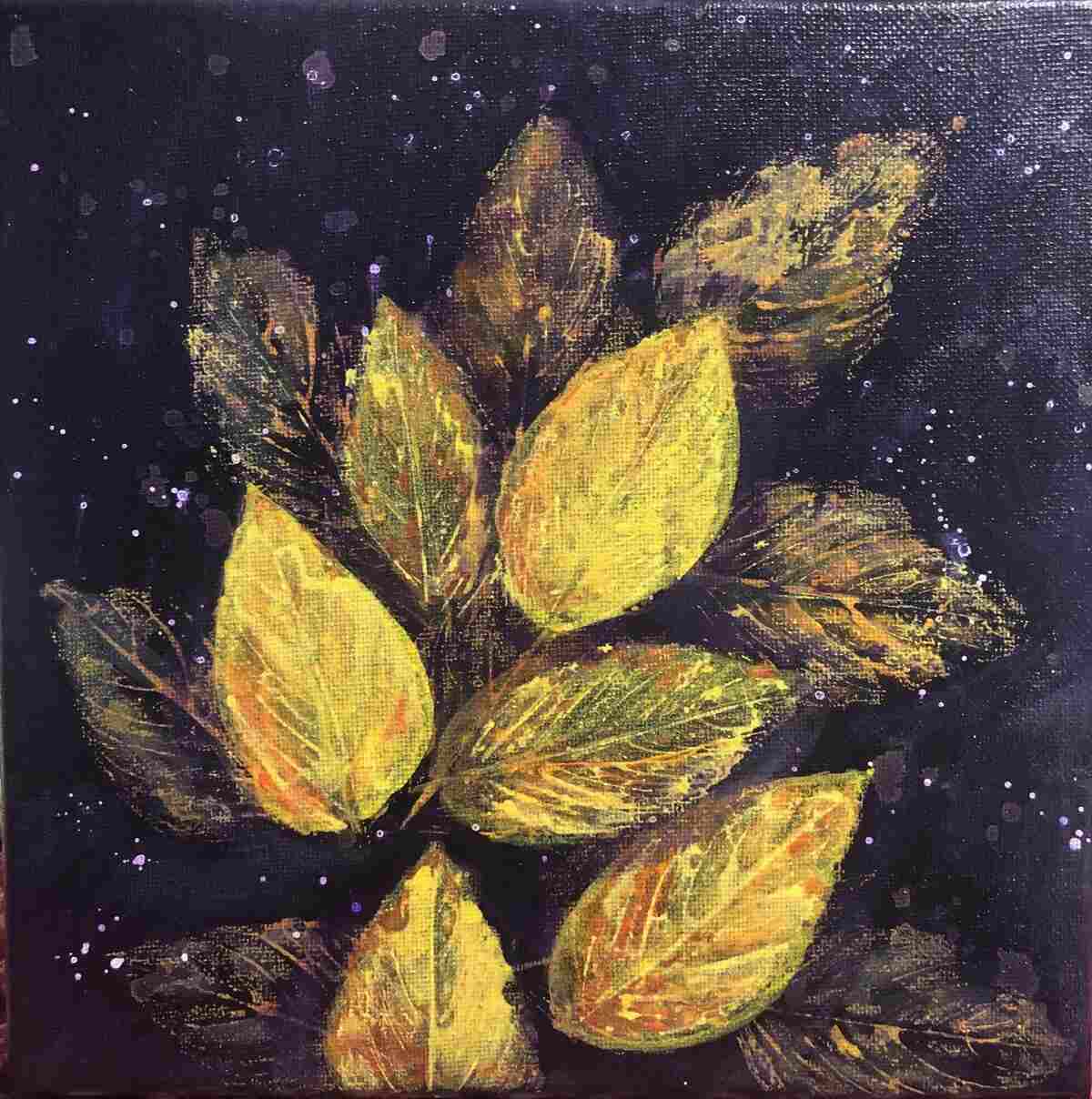 painting of yellow leaves on black background