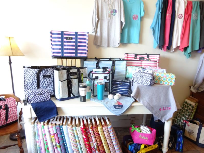 display of brightly colored shop items