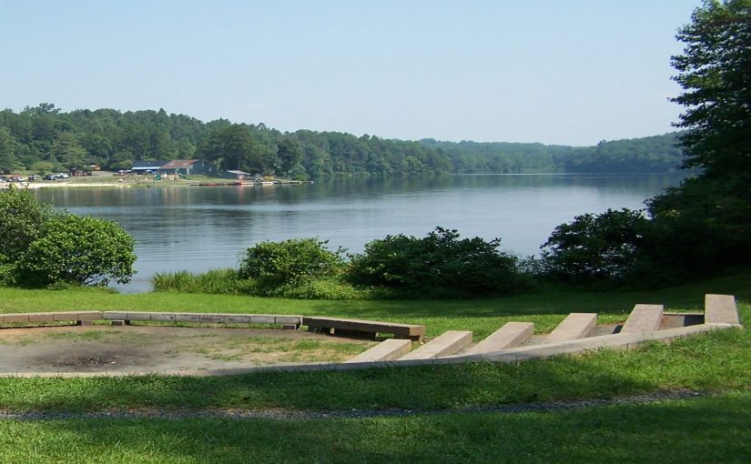 Lake surrounded by green grass, trees, and outdoor ampitheater