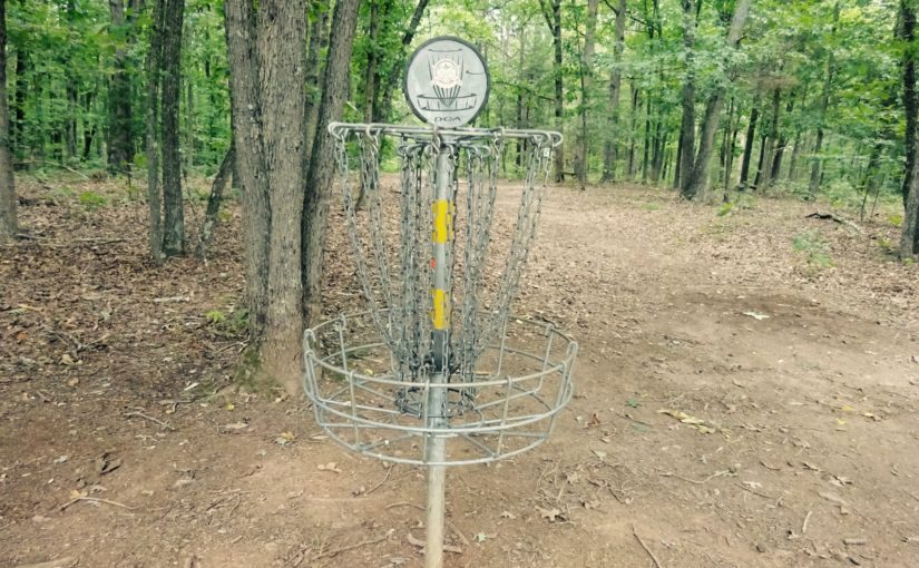 disc golf cage in wooded area