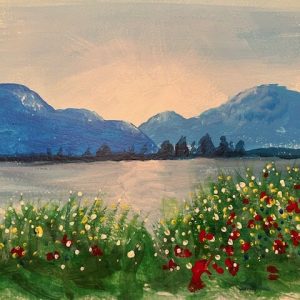 Painting of lake with mountains and flowers