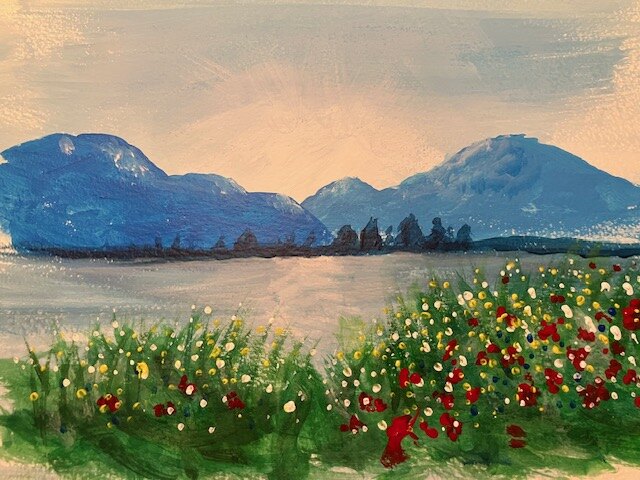 Painting of lake with mountains and flowers