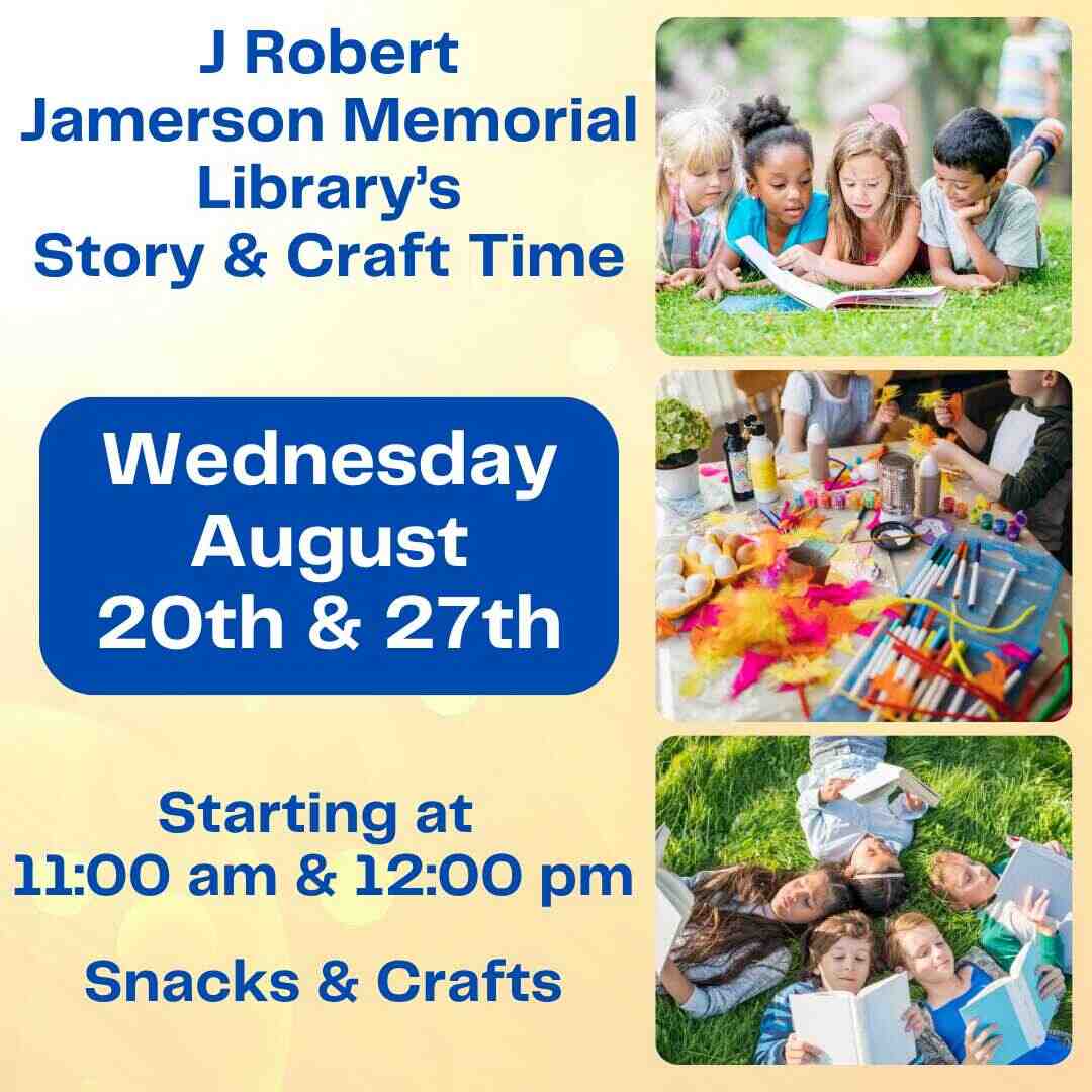 Flyer for Story and Craft Time August 20 and 27