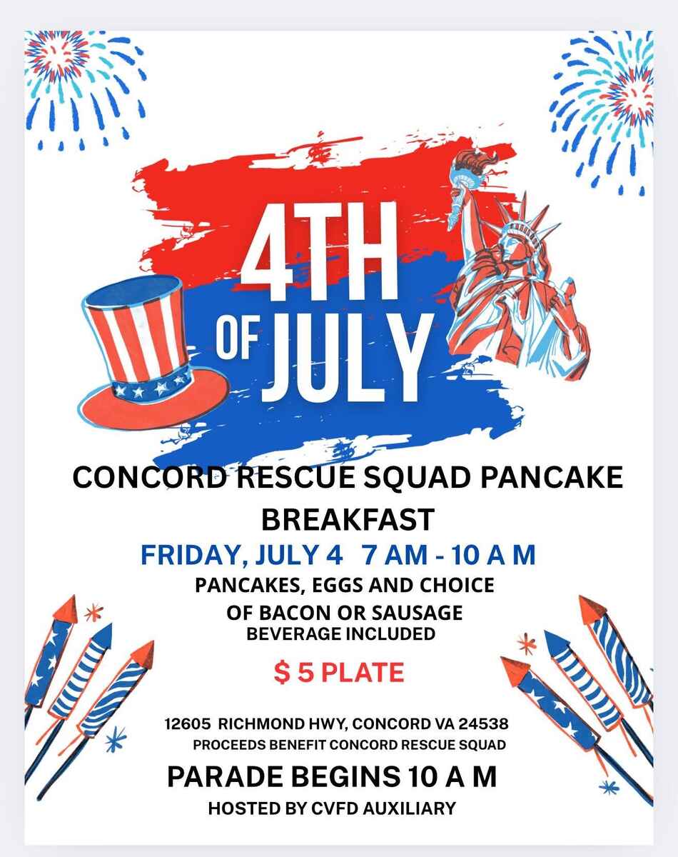 Flyer for July 4 breakfast at Concord Rescue Squad