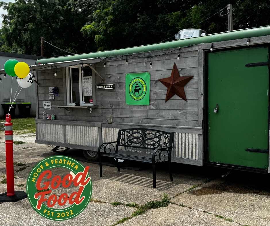 Trailer with bench, green door and order window