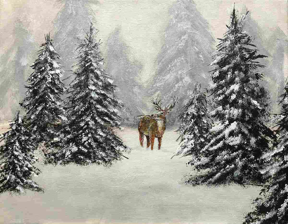 Painting of stag in winter landscape with fir trees