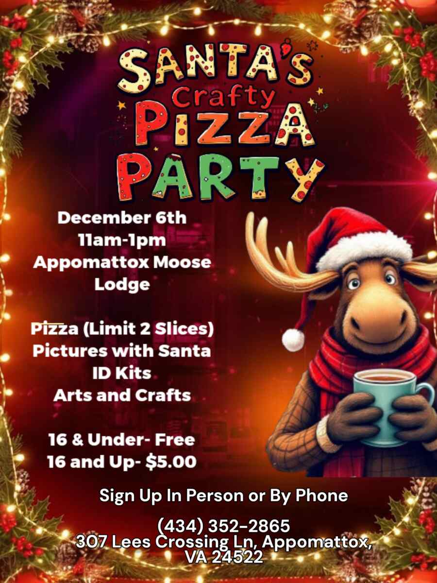 Flyer for Santa's Crafty pizza party Dec 6