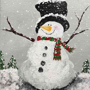 Painting of snowman with black hat and a scarf