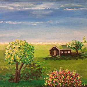 Painting of barn in meadow with trees