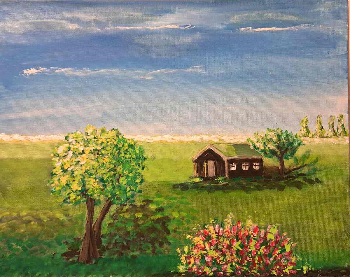 Painting of barn in meadow with trees