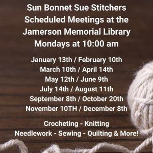 Flyer for Sun Bonnet Sue Stitchers Meetings