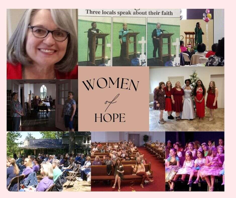 Collage of women, some at church, some speaking some in audience. Women of Hope text.