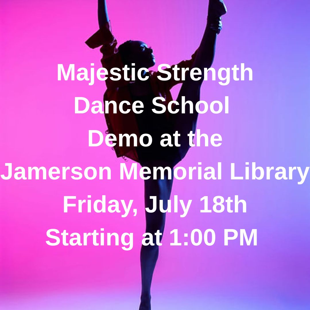 Dancer with pink and blue background, text saying Majestic Strength Dance School Demo
