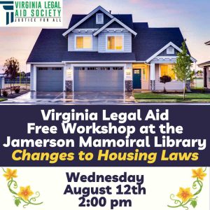 Flyer for Legal Aid Workshop Aug 12
