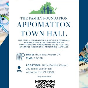 Flyer for Appomattox Town Hall Aug 27