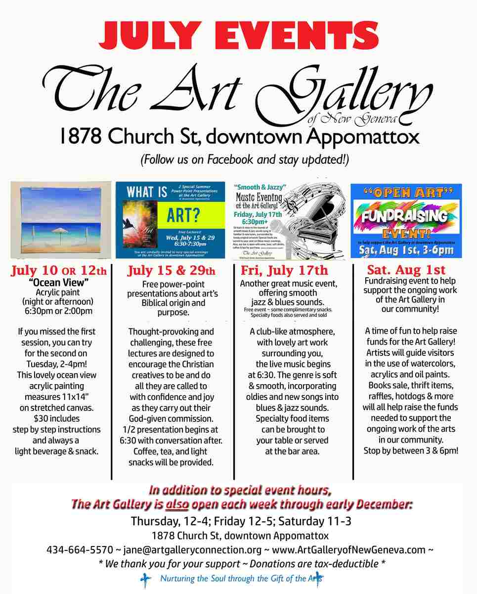Flyer for July events at art gallery