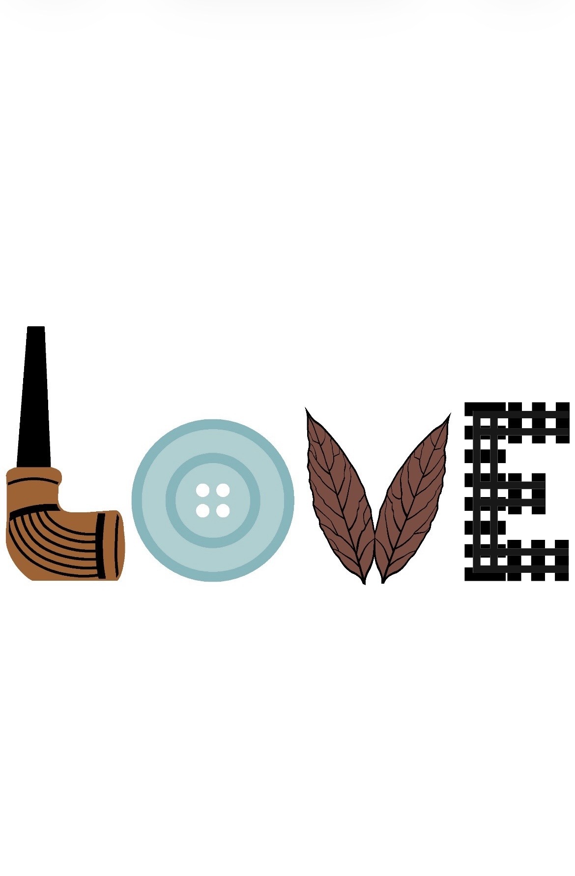 Love spelled with a pipe, button, leaves and railroad tracks for the letters