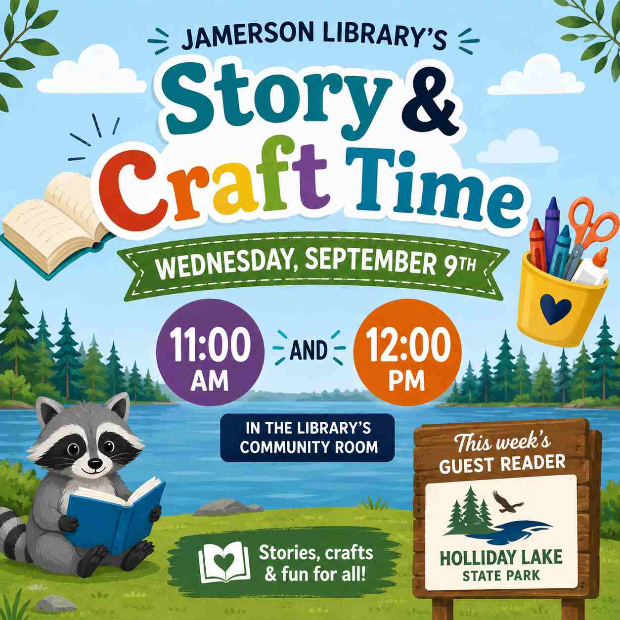 Flyer for Story and Craft Time at Holliday Lake Sep 9