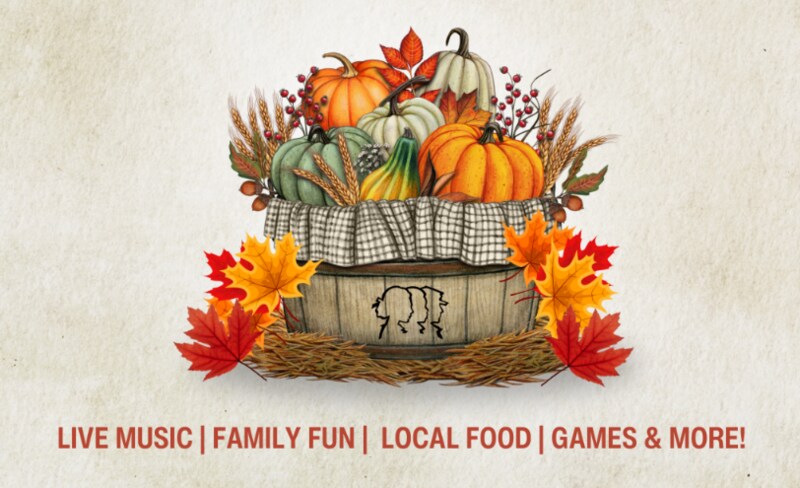 Flyer with text "Live Music | family fun | local food | games &more" and a basket filled with pumpkins and gourds