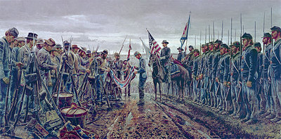 Print of civil war soldiers standing at attention while 2 men fold flag